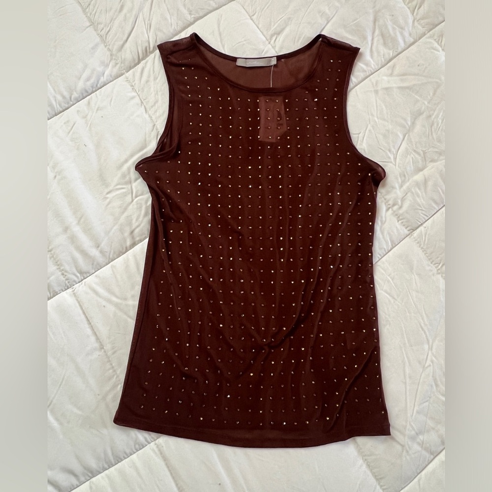 Sheer Brown Tank Rhinestone Studded